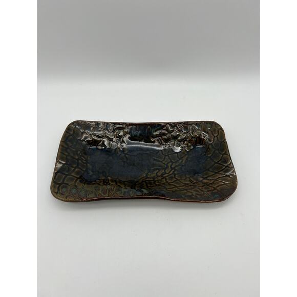 None and/or Unknown Other - Signed Art Pottery Rectangle Reptile Design Texture Brown Green Shiny Glaze Dish